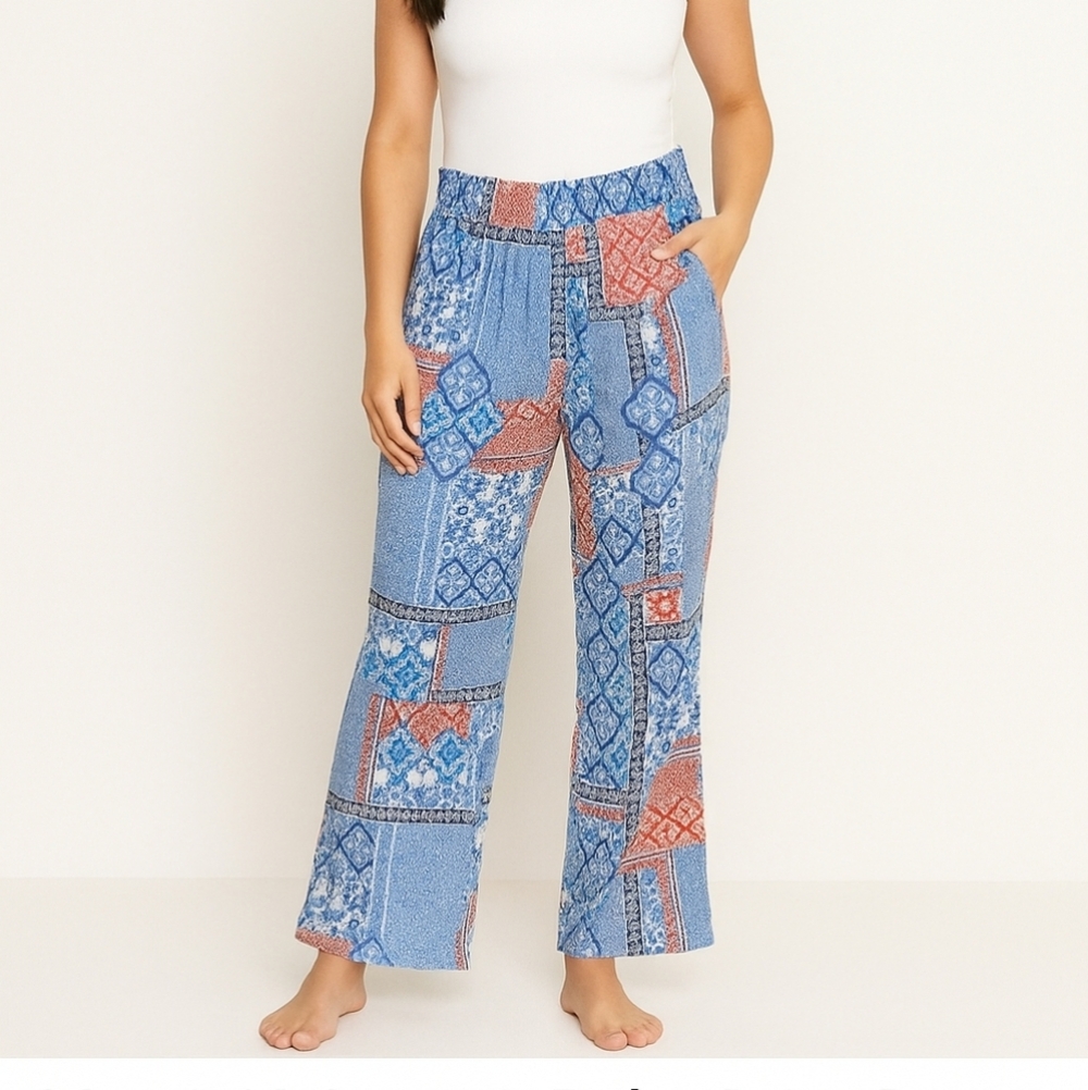 Messini Boho Patchwork Wide Leg Pants Blue Red Print Elastic Waist Size Small
